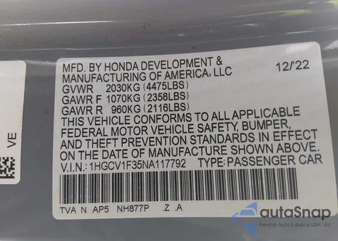 2022 Honda Accord Sport z USA, uszkodzony, nr VIN 1HGCV1F35NA117792